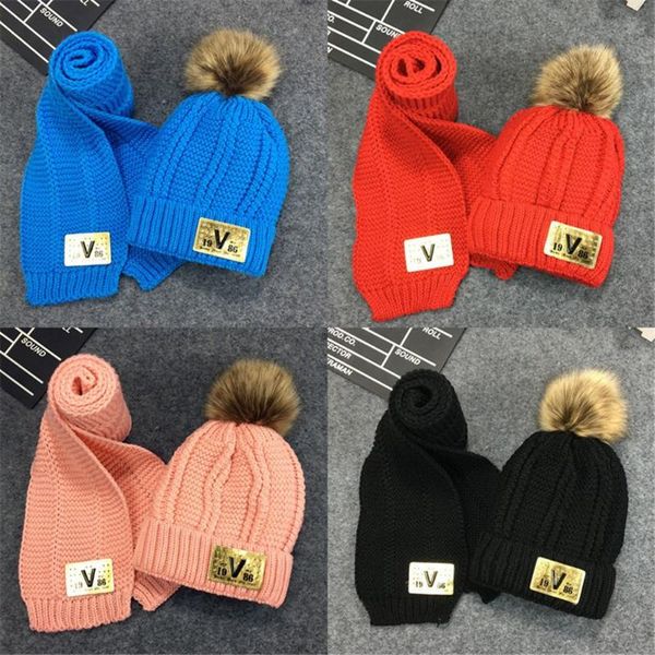 

caps & hats fashion kids winter hat scarf set cute pom beanie knitted children fleece lined warm cap, Yellow