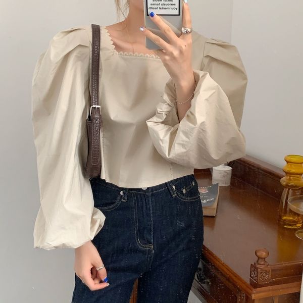 

blouses fashion all match streetwear pullovers square collar solid female retro chic ol vintage loose blouses, White