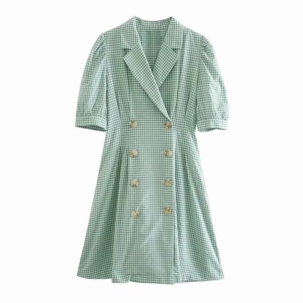 

vintage female knee-length dresses summer green women fashion ladies mid plaid loose girls dress 210527, Black;gray