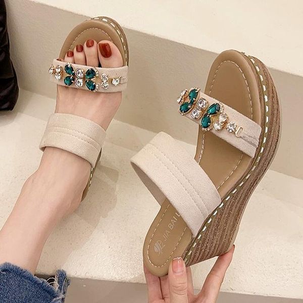 

sandals 2021 luxury crystal summer women solid flock thick platform wedge height increasing fashion elegant ladies shoes female, Black