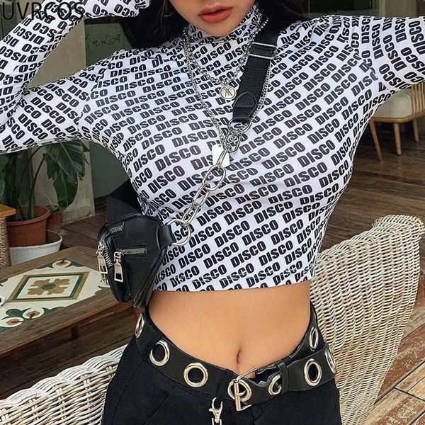 

women's t-shirt uvrcos female street style y2k long sleeveless letter printed turtleneck slim fashion casual birthday outfits for women, White