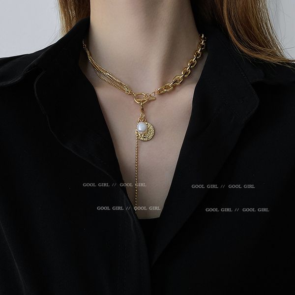 

designer necklace luxury chain korean fashion simple personality inlaid with diamond round t-shaped button net red temperament design, Silver