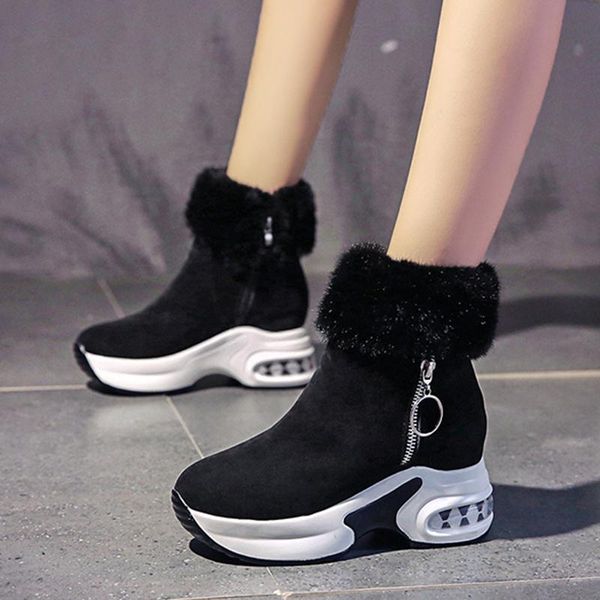 

boots women ankle boot warm plush winter shoes for woman wedges high heels ladies leather snow, Black