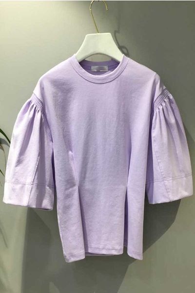 

summer solid all match o neck pullover pleated puff sleeve t-shirt women 210615, White