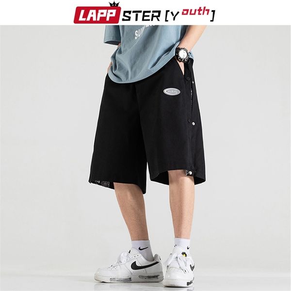 

men japanese style side printed shorts summer mens buttons black harajuku running man baggy pants 5xl 210420, White;black