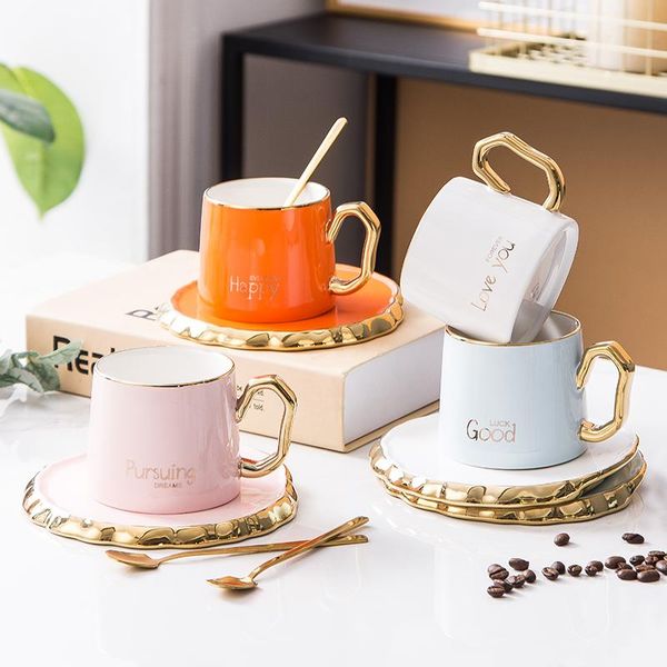 

nordic milk coffee mugs saucer with glod handle and spooon set gold-rimmed ceramic mug afternoon tea cup gift 190ml drop