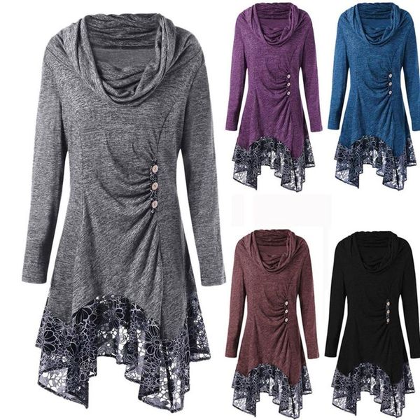 

casual dresses fashion women lace patchwork for button bow-neck dress long sleeve irregular plus size ropa mujer, Black;gray