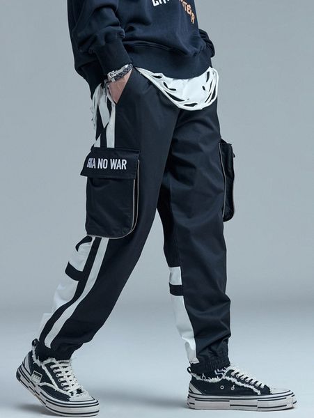 

men two tone letter graphic cargo pants j46y#, Black