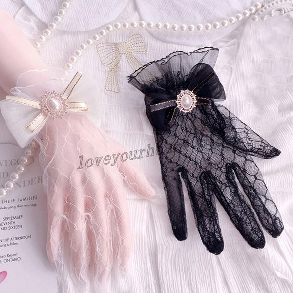 

autumn summer women gloves lace short sheer fish net full finger mittens female elegant wedding gloves ladies glove, Blue;gray