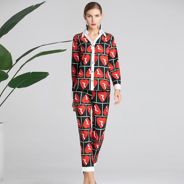 

fashion 2 pieces print women dress sweet full sleeve turn-down collar shirts +pants slim suits women's two piece pants, White
