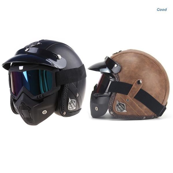 

motorcycle helmets pu leather 3/4 bike helmet open face vintage with goggle mask