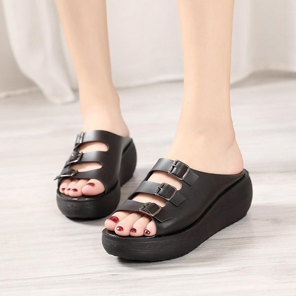

fashion summer leather buckle women's sandals trend simple shoes comfortable increase lazy z724 slippers, Black