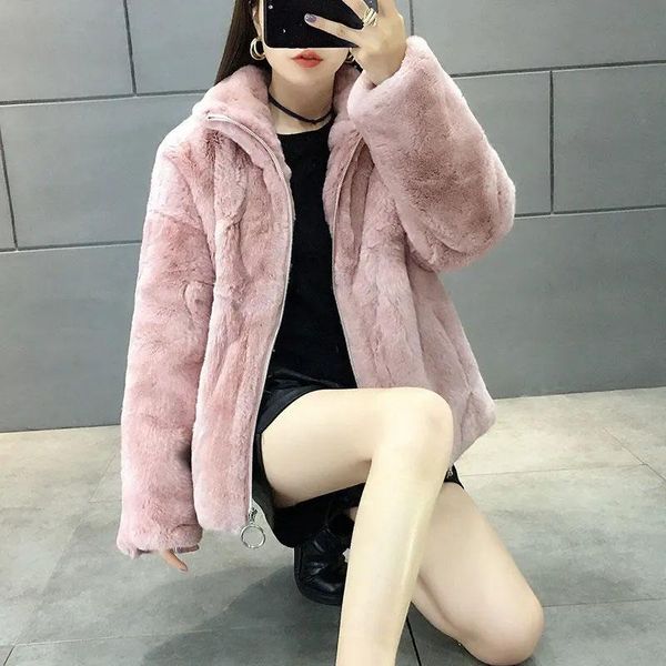 

women's fur & faux streetwear mink hair short teddy coat fashion thick rex overcoat winter elegant warm zipper plush jacket, Black