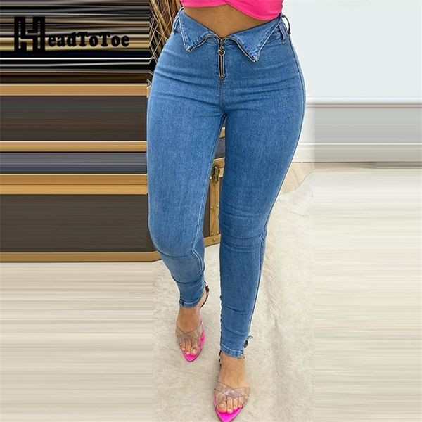 

zipper design high waist skinny jeans women casual denim pants, Blue