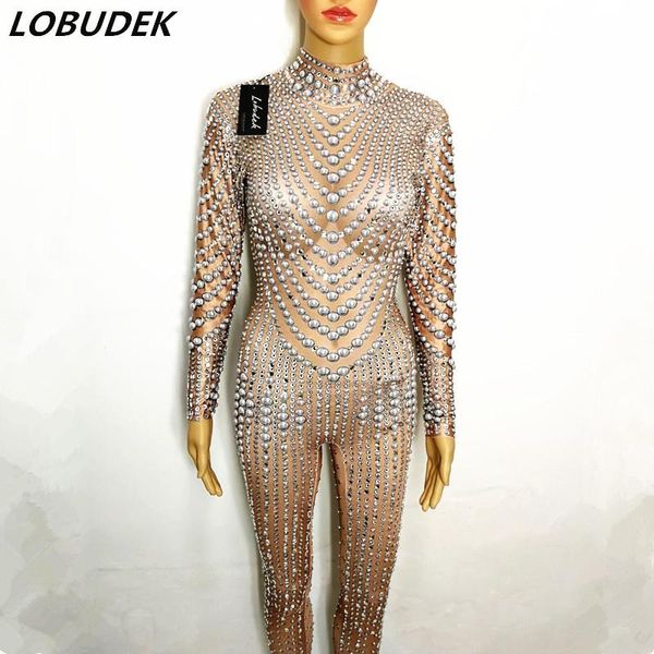 

women's jumpsuits & rompers female full crystals jumpsuit costume shining rhinestones crystal stage wear sparkling diamond star bodysui, Black;white