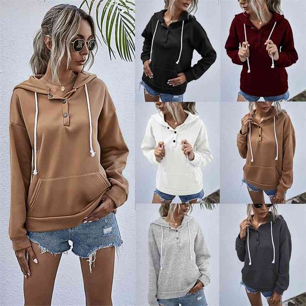 

korean hoodie sweatshirt full casual pullovers autumn solid color hooded drawstring button pocket streetwear 210508, Black