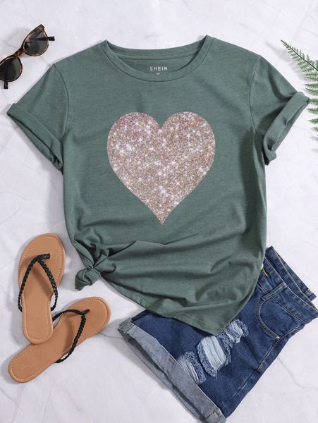 

heart print round neck tee m1l2#, White
