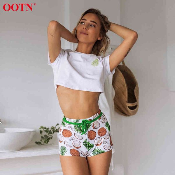 

ootn print coconut pattern crop and elastic waist shorts pajama set summer lady sleepwear nightgown women sleepwear pajama 210413, Black;red