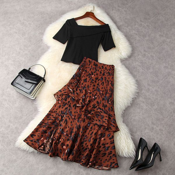 

two piece dress summer long sleeve square neck black knitted knits + leopard print ruffle mid-calf skirt suits 2 s set 21a022015 zx7o, White