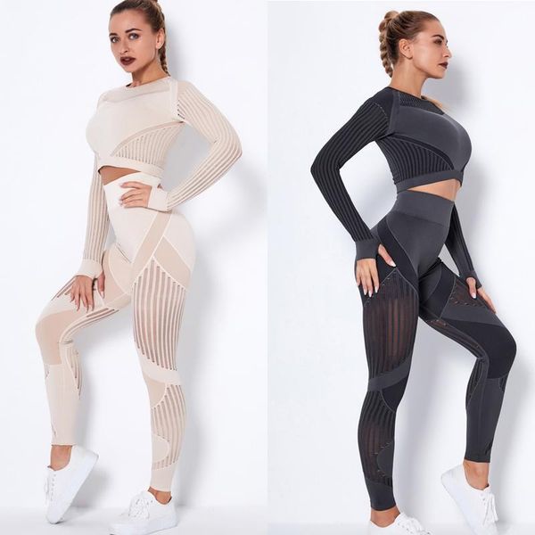 

women's two piece pants hollow mesh gym sets for women 2 high waist yoga leggings +cropped seamless tracksuit clothes suits, White