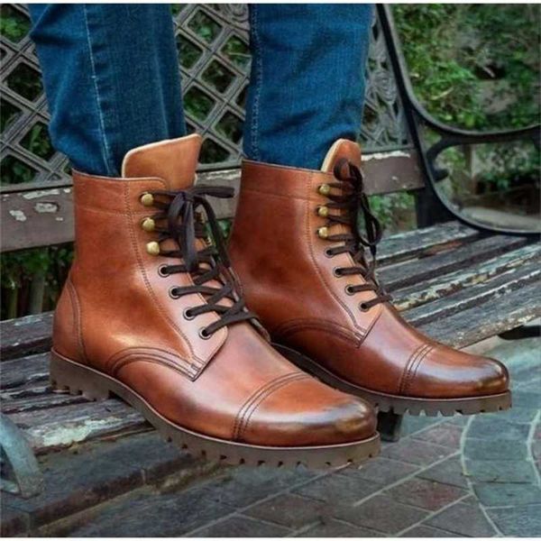 

autumn and winter men's pu leather handmade lace classic ankle boots casual fashion combat zq00 211023, Black