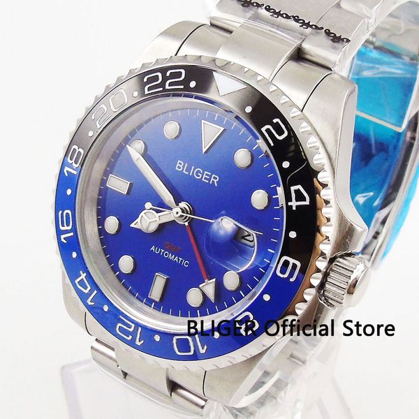 

bliger luxury mechanical men's watch gmt function sapphire crystal date window 40mm sier color case ceramic bezel, Slivery;brown