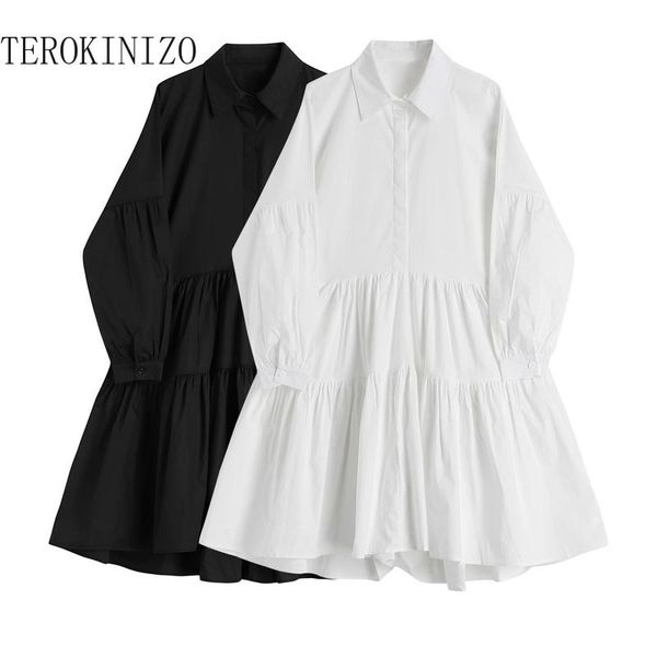 

casual dresses terokinizo turn down collar white shirt dress women pure color long sleeve single breasted all-match robe femme, Black;gray
