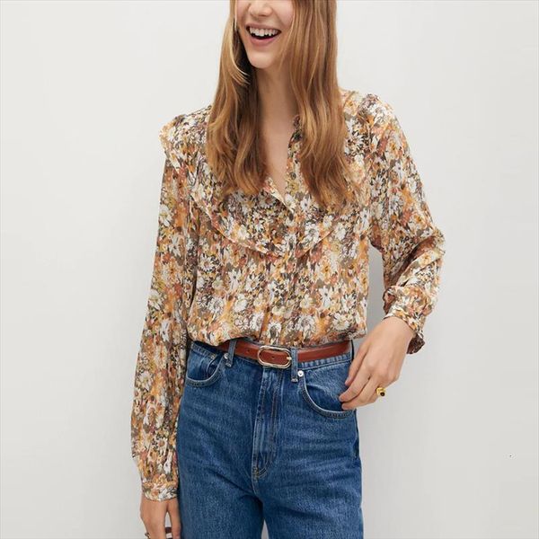 

za floral print ruffle women blouses long puff sleeve o neck elegant female chic front button vintage slim flower, White