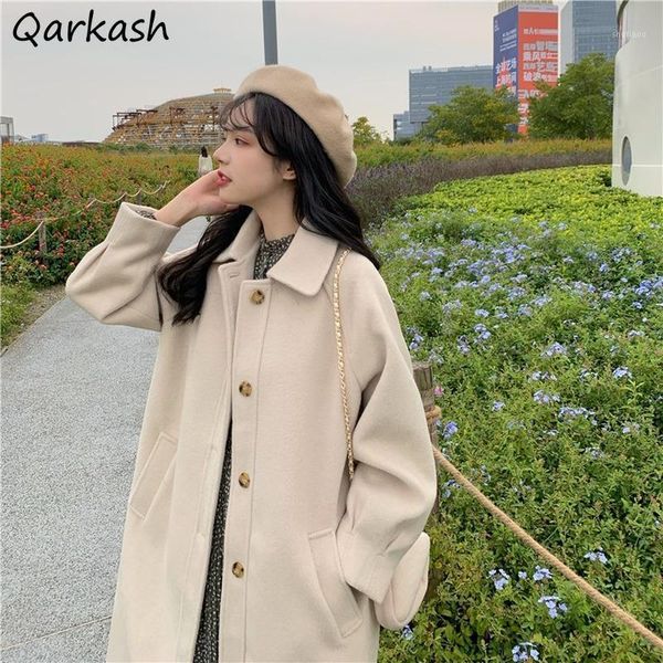 

women blends sweet elegant loose straight warm windproof outwear girls chic all-match cozy wool french style streetwear ol women's &, Black