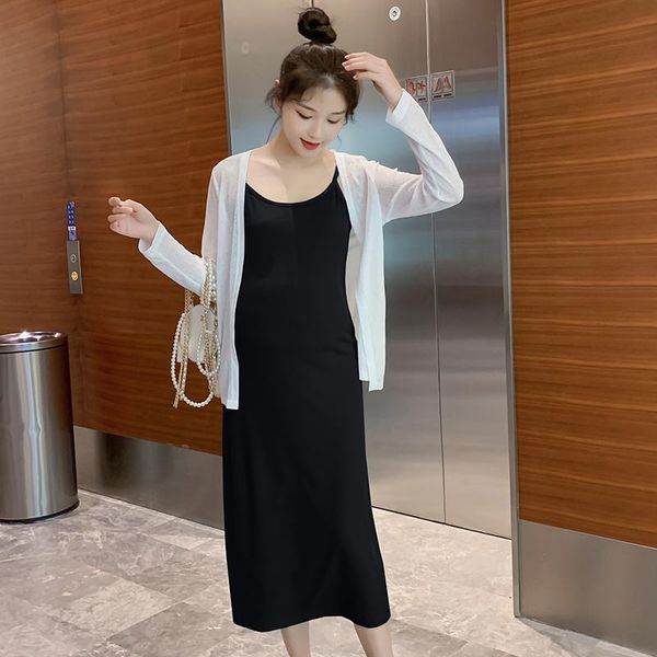 

9001# 2pcs/sets summer cardigan + sling knitted dress elegant slim maternity clothes for pregnant women pregnancy clothing dresses, White
