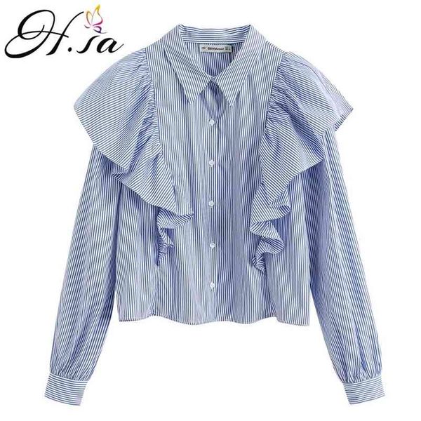 

women summer spring striped blouse and long sleeve ruffles casual steetwear fashion girls blue bluse femnino 210430, White