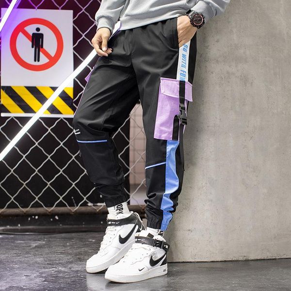 

casual versatile overalls trend pocket leggings korean men's pants sports loose and breathable student, Black
