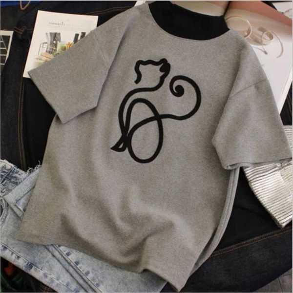 

summer print cat short-sleeved t-shirt women 2021 spring medium-length loose casual wear women's, White