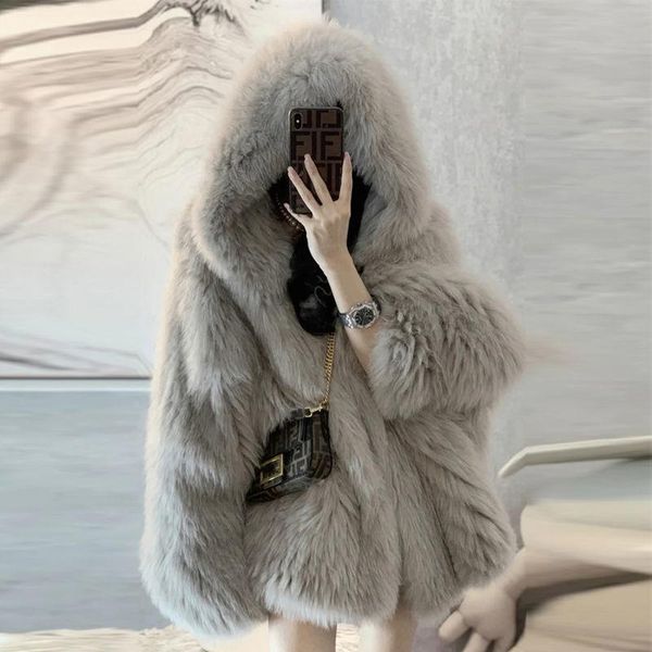 

women's fur & faux women 2021 autumn winter hooded coats female imitation plush jackets ladies solid loose warm outwear, Black