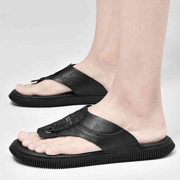 

sandals summer men flip flops genuine leather outdoor beach men anti-slip zapatos hombre casual shoes wholesale e077, Black