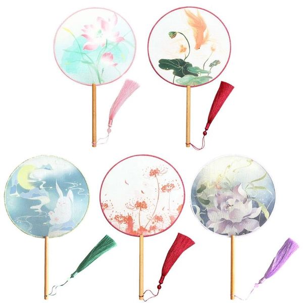 

other home decor chinese style antique translucent handheld round circular fan vintage lotus flower print dancing paddle hand fans wholesale