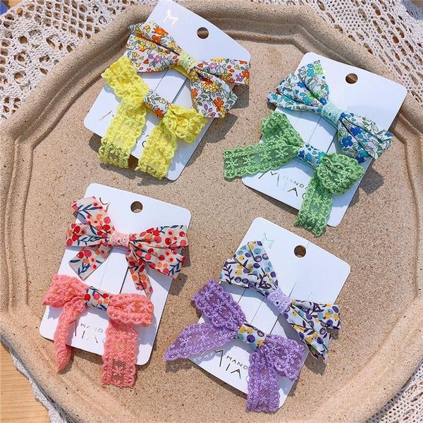 

hair accessories 2 pcs children's simple fresh floral fabric bow hairpins for sweet girl princess fashion lace duckbill clip headdress, Slivery;white