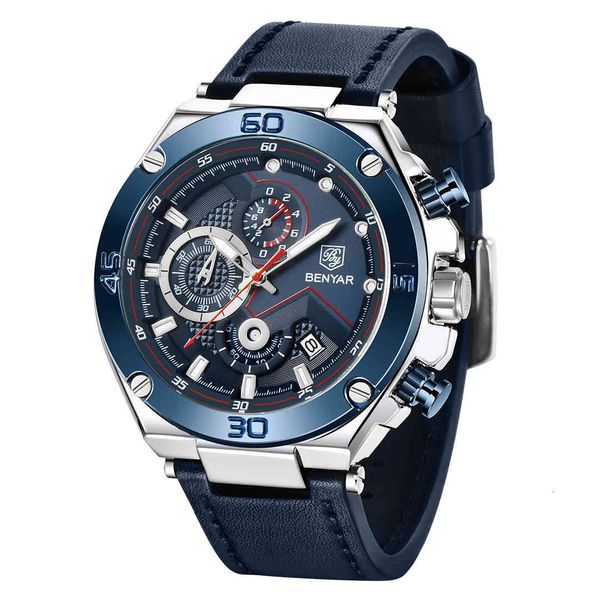 

watches benyar brand men quartz watches 30m waterproof leather military watch for sports chronograph wristwatch reloj hombre, Slivery;brown