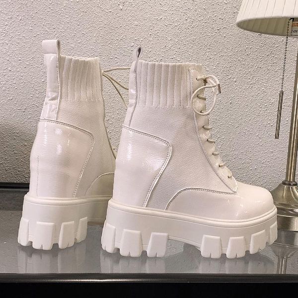

boots 2021 ankle boot women autumn thick bottom motorcycle high platform chunky sneakers winter leather mid-calf, Black