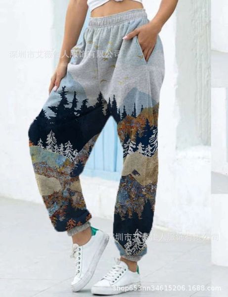 

girls' casual pants fashion loose landscape printed, Black;white