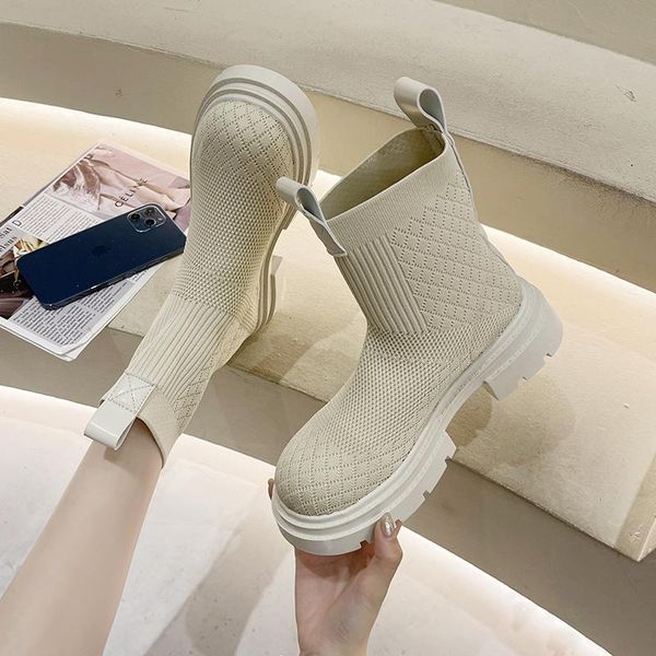 

boots knitted women platform ankle breathable stretch fabric thick sole short black beige botines mujer