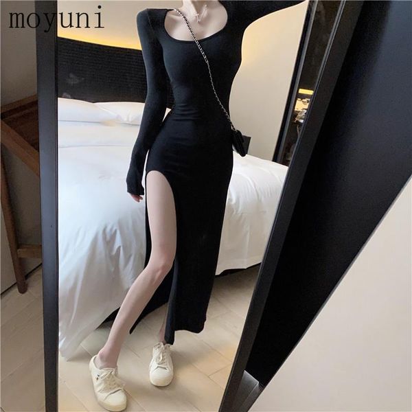 

casual dresses women's slimming slit long dress with tight waist, spring and summer lady temperament french style skirt aesthetic, Black;gray