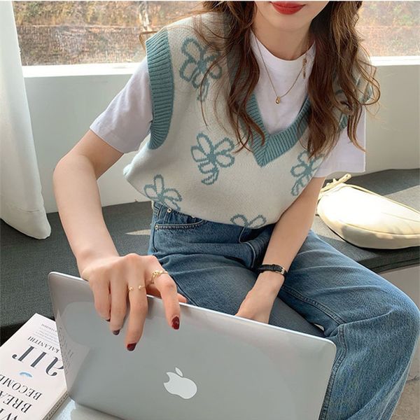 

4colors spring and autumn korean style floral v neck knitted sleeveless vest sweaters womens pullovers vests (x1795) 210508, Black;white