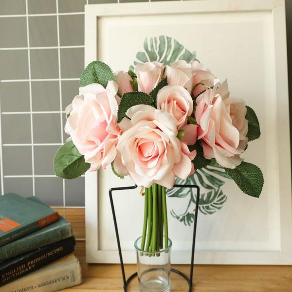 

luxury rose bouquet white artificial flowers with fake green leaves for wedding party decoration ins wind bridal hand decorative & wreaths