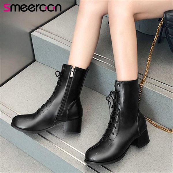 

boots smeeroon 2021 winter arrival women's round toe high heel shoes black ladies ankle female heels