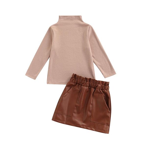 

clothing sets 2-7y toddler girls 2pcs clothes turtleneck solid long sleeve pullover +pu leather elastic skirts fashion outfits, White