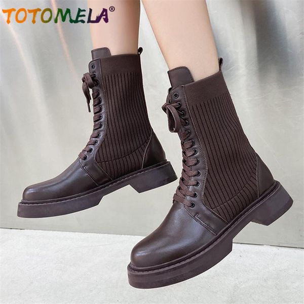 

boots totomela 2021 genuine leather +knitting stretch casual shoes women comfortable flat ankle woman, Black