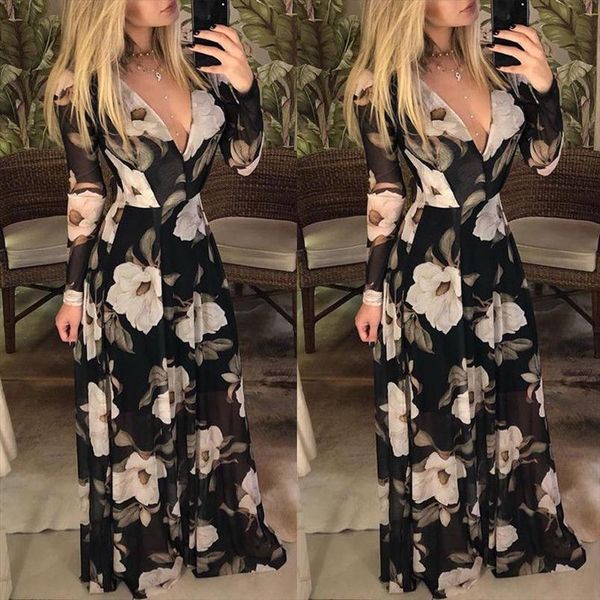 

boho summer chiffon womens dress long maxi floral print elegant loose sleeve robe dresses sundress vestidos, Black;gray