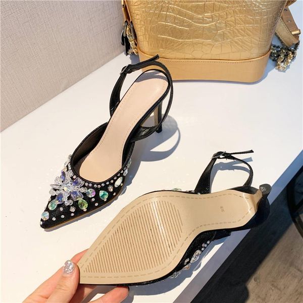 

dress shoes woman 2021 female pumps rhinestone mesh latest for women pointed toe stiletto heels party wedding, Black
