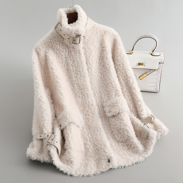 

oftbuy 2021 new fashion winter jacket women coat weave real natural wool fur o-neck zipper loose thick warm streetwear overcoat, Black